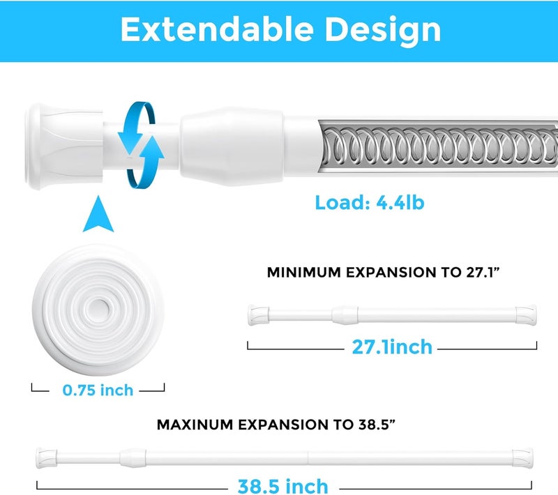 MEXAU 2PCS Small Tension Curtain Rod 27 to 38 Inch,White Short Curtain Rods No Drilling,Loaded Expandable Spring Curtain Rods for Windows,Kitchen,Closet,Cupboard,Door,Bookshelf - Image 2